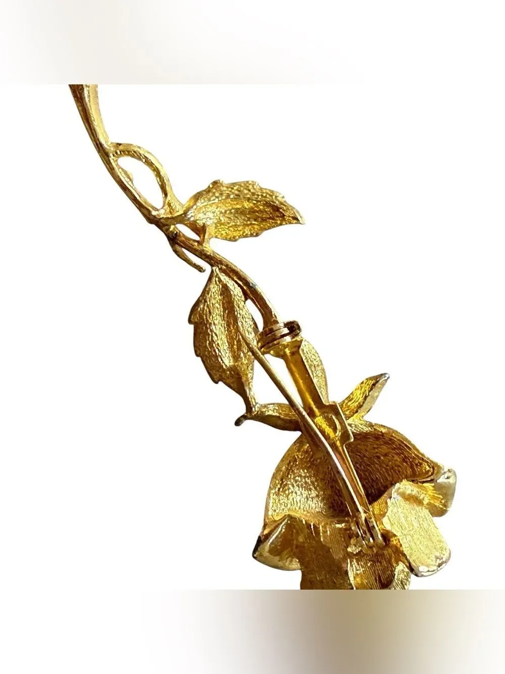 Vintage Gold Tone Long Stem Rose Brooch Pin With White Rhinestone Detail
